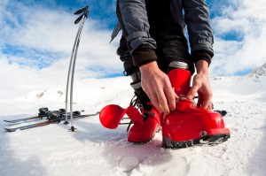 getting ready for skiing - fastening the boots